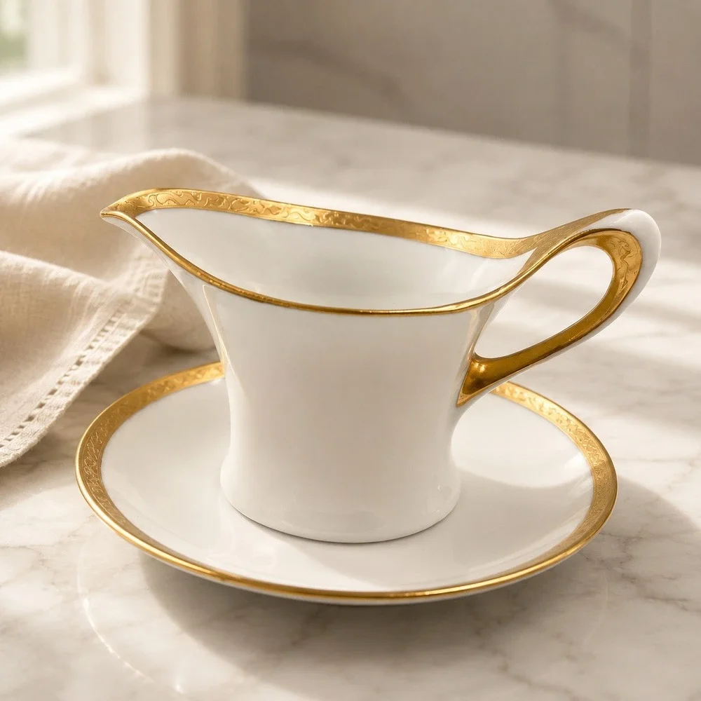 Vtg Lorvil Tavrik Czechoslovakia Porcelain Gravy‎ Boat Gold Trim Attached Plate